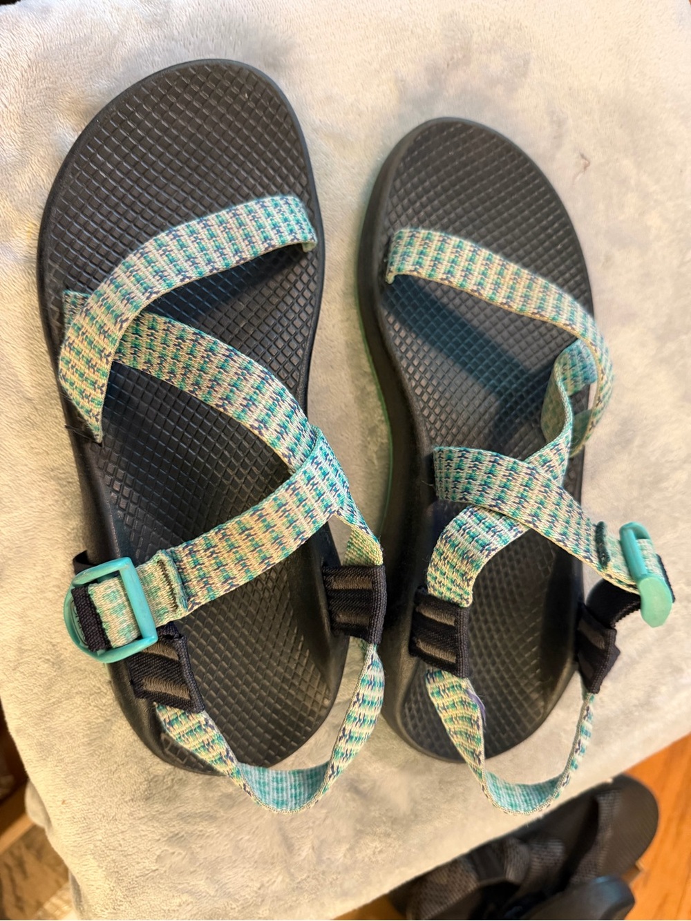 Chaco Women's Strappy Sandals in Black with Teal Patterned Straps